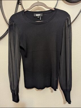 DKNY Black Ribbed Knit Top with Sheer Long Sleeves
